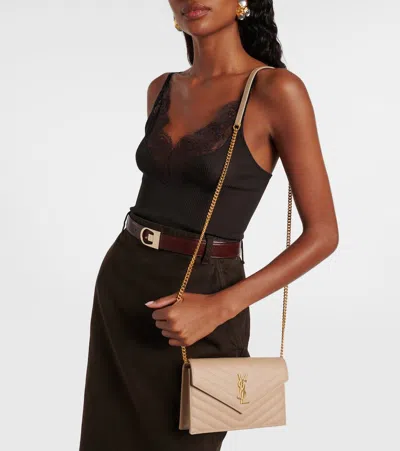 Saint Laurent Cassandre Matelassé Envelope Leather Wallet On Chain In Brown