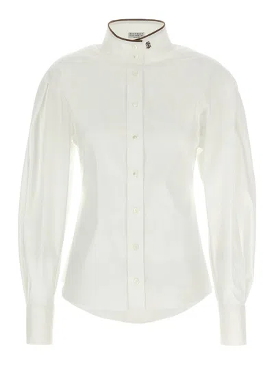 Brunello Cucinelli Stretch Cotton Poplin Shirt With Shiny Collar Detail In White