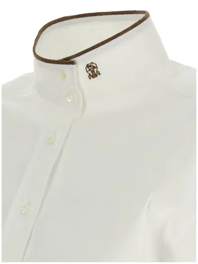 Brunello Cucinelli Stretch Cotton Poplin Shirt With Shiny Collar Detail In White