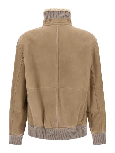 Brunello Cucinelli Beige Suede Curly Shearling Bomber Jacket In Neutral
