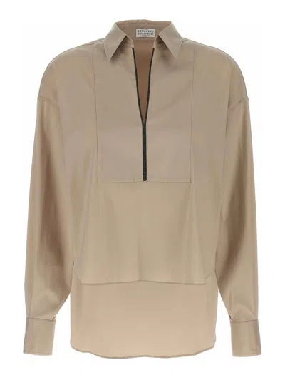 Brunello Cucinelli V-neck Shirt With Collared Design In Nude