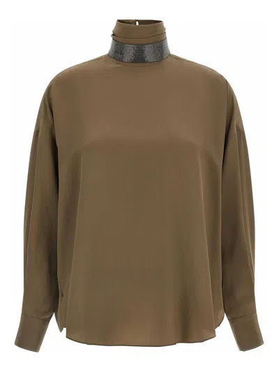 Brunello Cucinelli Silk Blouse With High Collar And Keyhole Back In Brown