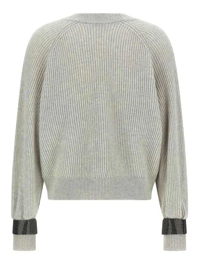 Brunello Cucinelli Ribbed Texture Cardigan Cuff Detail In Gray