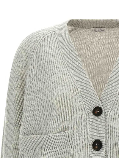 Brunello Cucinelli Ribbed Texture Cardigan Cuff Detail In Gray