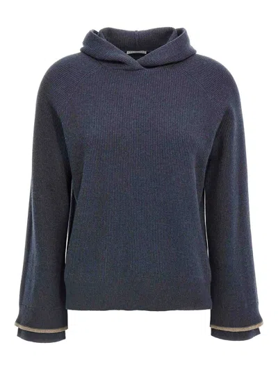 Brunello Cucinelli Ribbed Texture Hooded Sweater With Long Sleeves In Blue