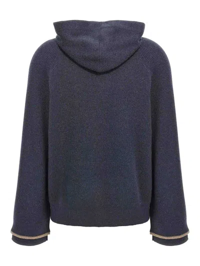 Brunello Cucinelli Ribbed Texture Hooded Sweater With Long Sleeves In Blue