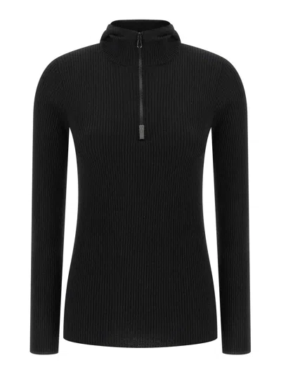 Brunello Cucinelli Knit Sweater Hood Ribbed Texture In Black