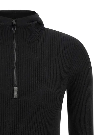 Brunello Cucinelli Knit Sweater Hood Ribbed Texture In Black