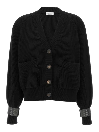 Brunello Cucinelli Ribbed Texture Cardigan With Contrasting Cuffs In Black