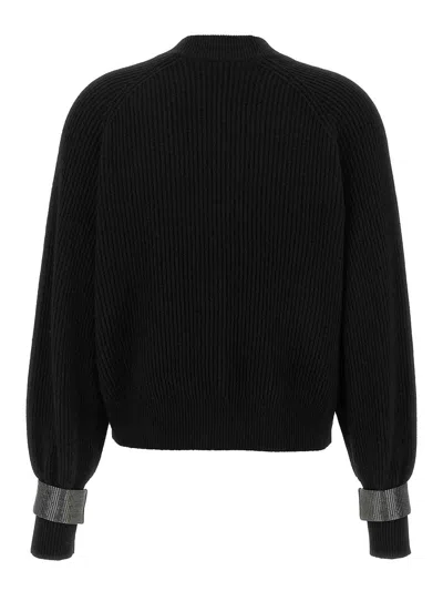 Brunello Cucinelli Ribbed Texture Cardigan With Contrasting Cuffs In Black