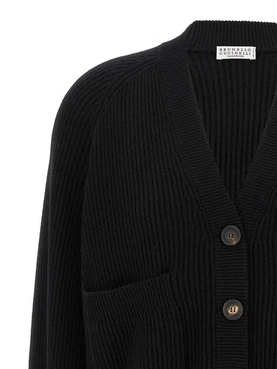 Brunello Cucinelli Ribbed Texture Cardigan With Contrasting Cuffs In Black