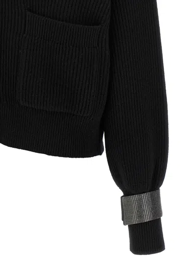 Brunello Cucinelli Ribbed Texture Cardigan With Contrasting Cuffs In Black