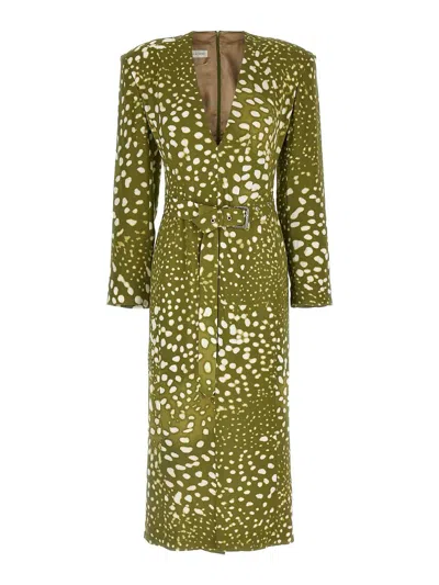 Dries Van Noten Dress With Belt And Khaki Green Print In Green