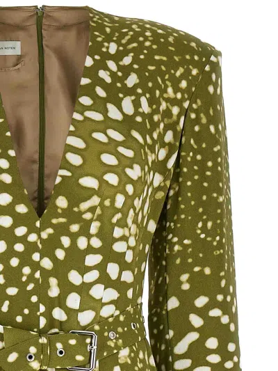 Dries Van Noten Dress With Belt And Khaki Green Print In Green