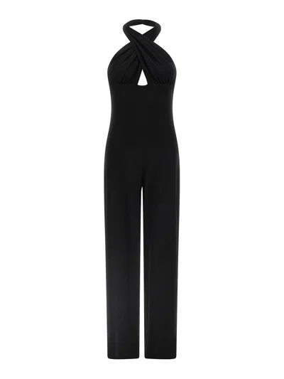 Norma Kamali Cross Halter Wide Leg Jumpsuit In Black