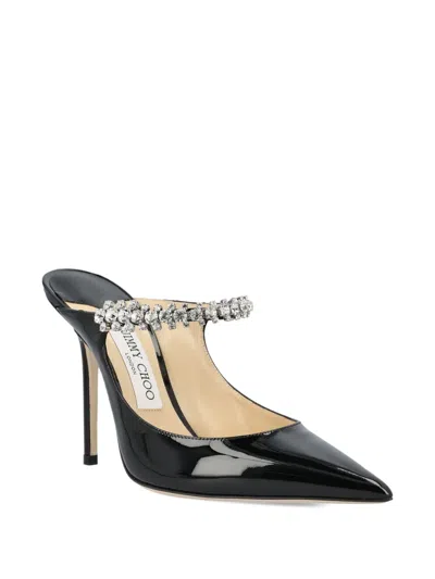 Jimmy Choo Bing 100 Black Patent Leather Clog With Crystal Strap In Black