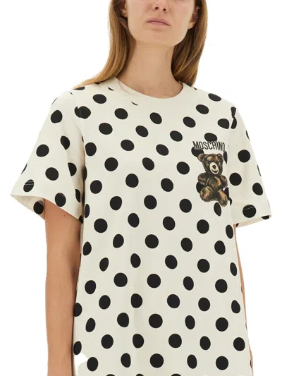 Moschino Polka Dot Graphic Print Short Sleeve Dress In White