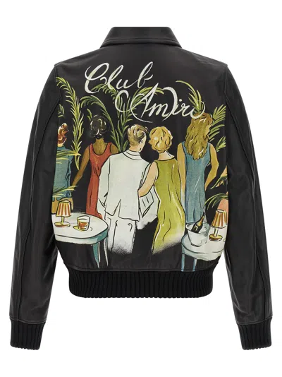 Amiri Graphic Print Leather Jacket With Collared Neck In Black