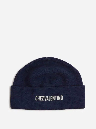Valentino Cotton And Wool Blend Beanie With Turn-up Brim In Blue