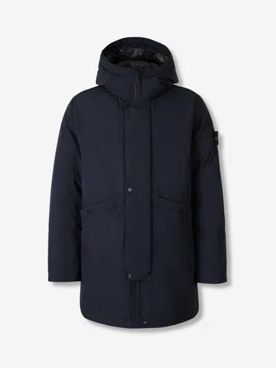 Stone Island Long Insulated Padded Jacket With High Collar And Hood In Blue