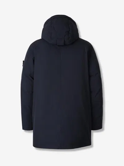 Stone Island Long Insulated Padded Jacket With High Collar And Hood In Blue