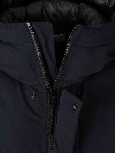 Stone Island Long Insulated Padded Jacket With High Collar And Hood In Blue