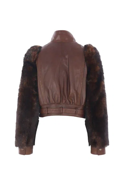 Chloé Leather Jacket With Belted Waist And Fur Sleeves In Brown