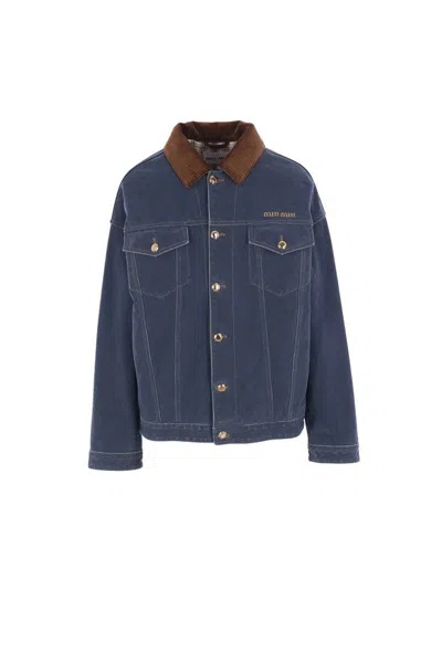 Miu Miu Denim Padded Jacket With Corduroy Collar In Blue