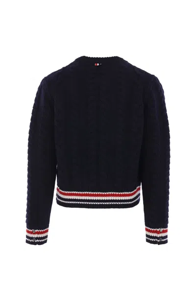 Thom Browne Cable Knit Crew Sweater With Ribbed Cuffs In Blue