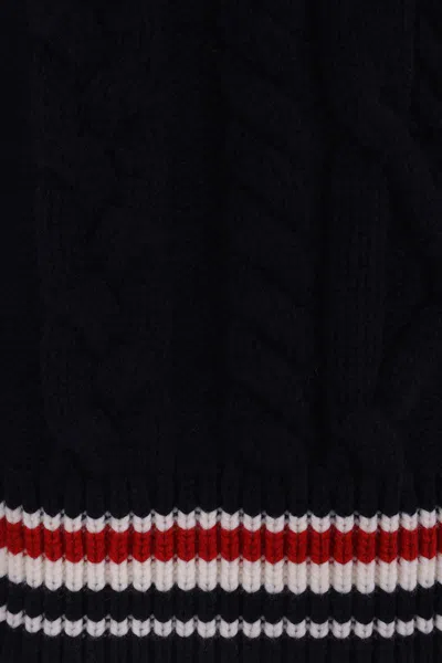 Thom Browne Cable Knit Crew Sweater With Ribbed Cuffs In Blue