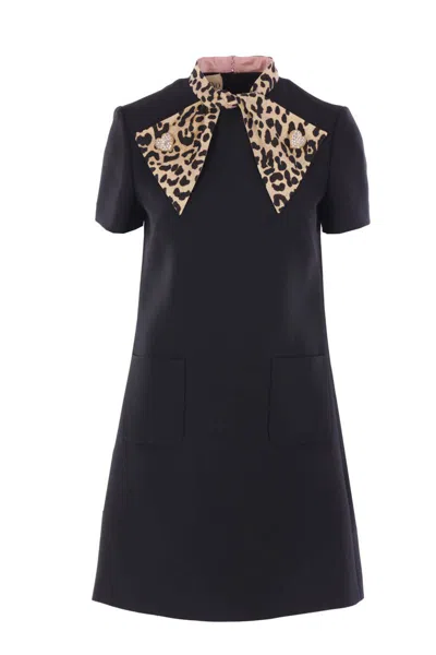 Valentino Embellished Pussy-bow Wool And Silk-blend Crepe Mini Dress In Black