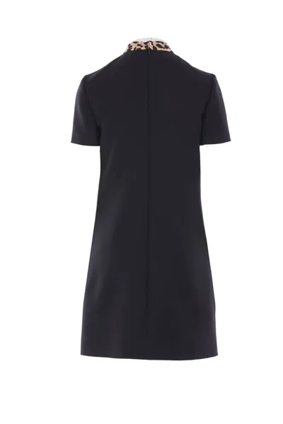 Valentino Embellished Pussy-bow Wool And Silk-blend Crepe Mini Dress In Black