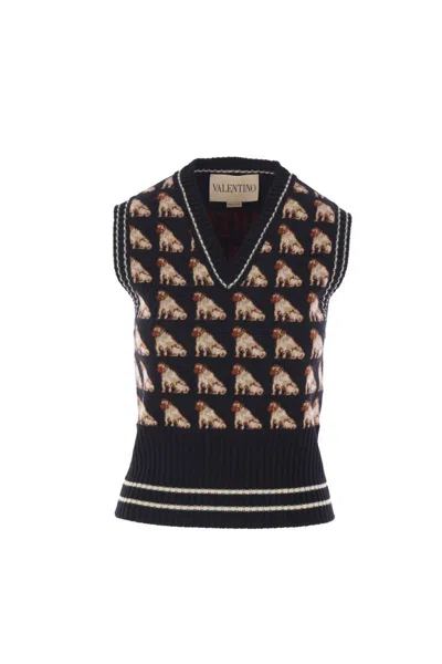 Valentino Sleeveless V Neck Dog Pattern Knitwear In Multi