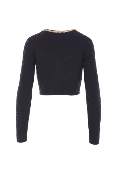 Elisabetta Franchi Cardigan In Maglia A Rombi Con Dettaglio Gioiello Nero In Blue