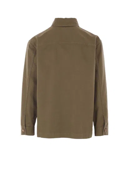 Saint Laurent Green Shirt With Classic Collar And Cassandre Embroidery On The Front In Cotton Man In Brown