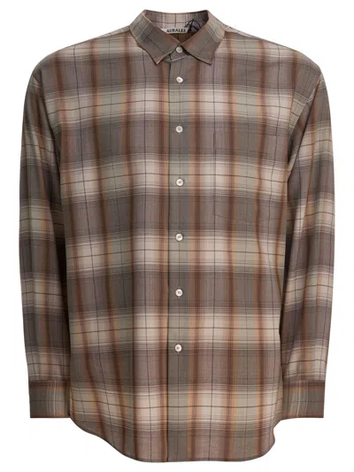 Auralee Plaid Wool Shirt Featuring Button-down Collar In Brown