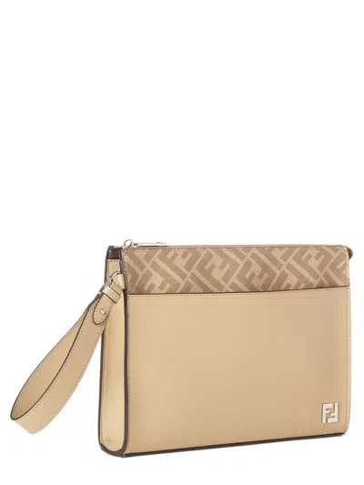 Fendi Ff-motif Leather Clutch Bag In Neutral
