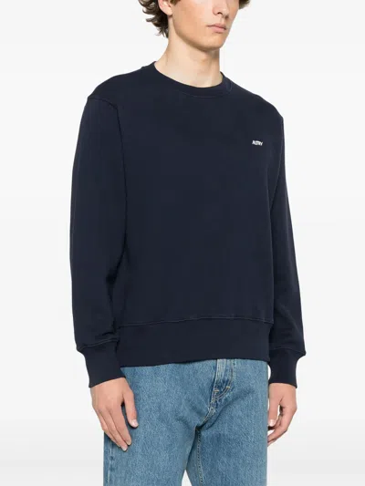Autry Blue Crewneck Sweater With Logo Embroidered On The Front In Cotton Man In Blue