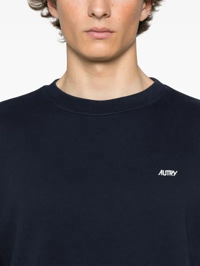 Autry Blue Crewneck Sweater With Logo Embroidered On The Front In Cotton Man In Blue