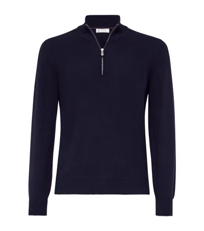 Brunello Cucinelli Cashmere Sweater With Half Zip In Blue