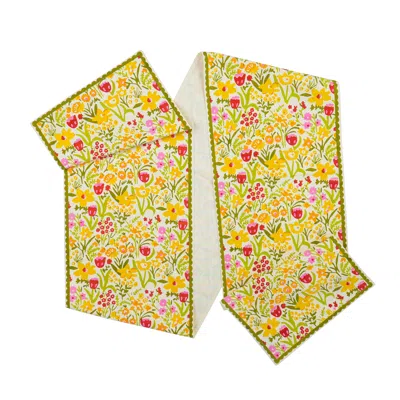 Tiramisu Spring Fling Block Print Cotton Table Runner In Green