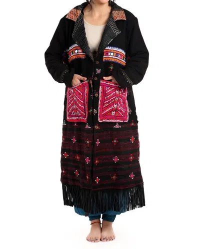 Standawt Hand-embroidered Patches Merino Wool Coat In Black In Black