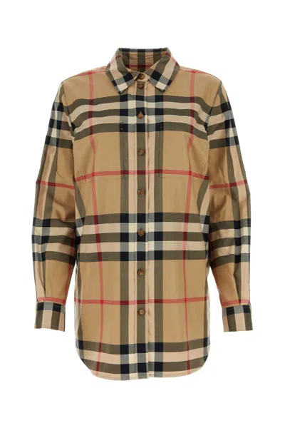 Burberry Embroidered Check Pattern Cotton Shirt In Neutral