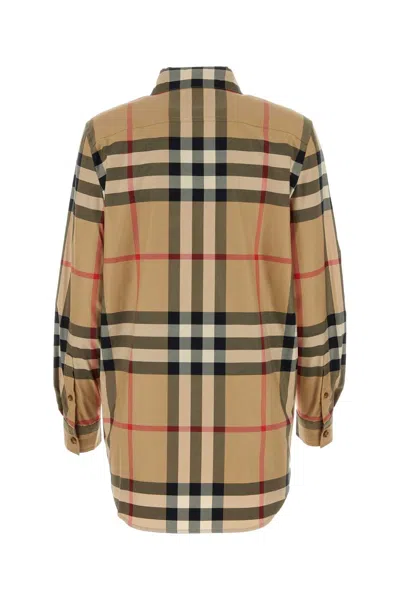 Burberry Embroidered Check Pattern Cotton Shirt In Neutral
