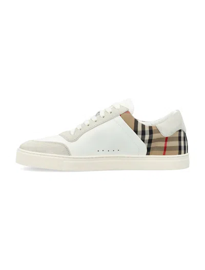 Burberry Check Motif Leather Sneakers In White