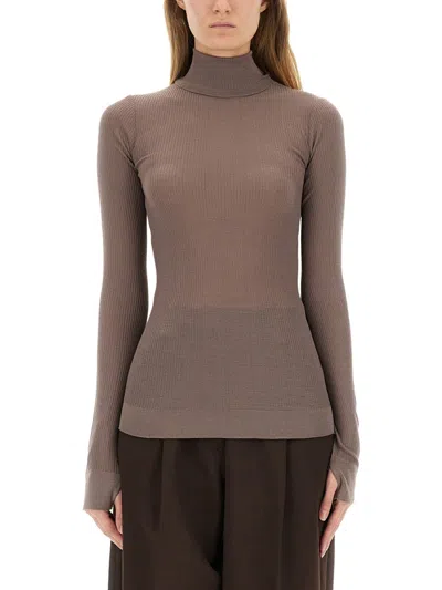 Lemaire Wool High Neck Sweater In Brown