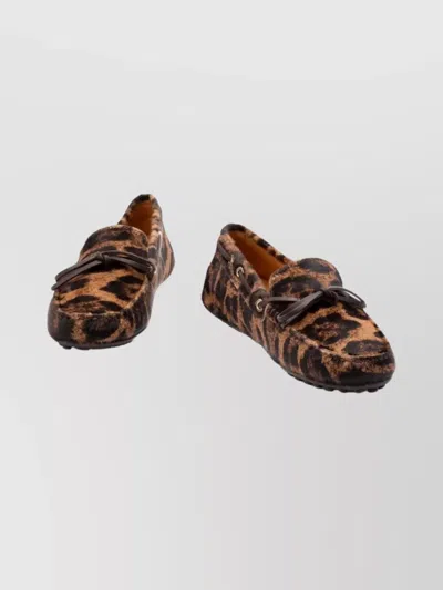 Tod's Leopard Print Leather Slip-on Loafers With Signature Rubber Outsole In Brown