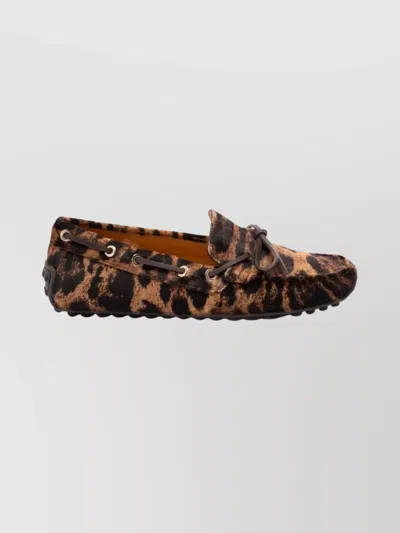 Tod's Leopard Print Leather Slip-on Loafers With Signature Rubber Outsole In Brown