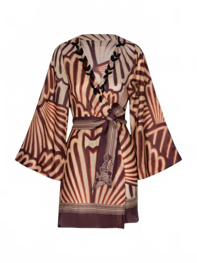 Juan De Dios Women Joaquina Cotton Silk Mini Tunic Top In Wine Intricate Shells In Brown