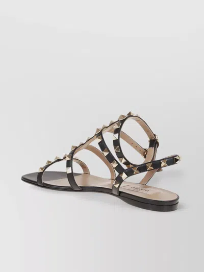 Valentino Garavani Rockstud Flat Calfskin Sandal With Straps Woman Black 40 In Black